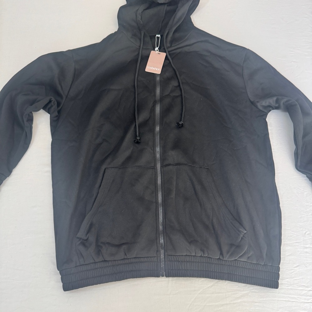 Black Full-Zip Hoodie with Hood and Front Pockets Cotton Blend